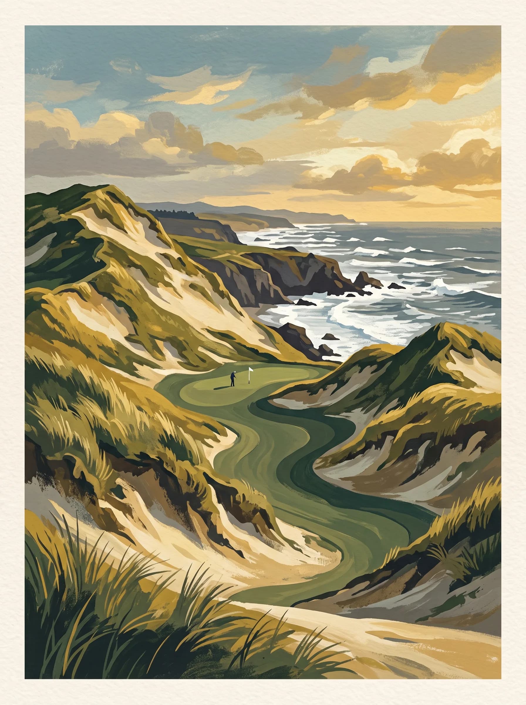 Painterly travel-poster illustration of dune-top links golf on the Oregon coast at golden hour.