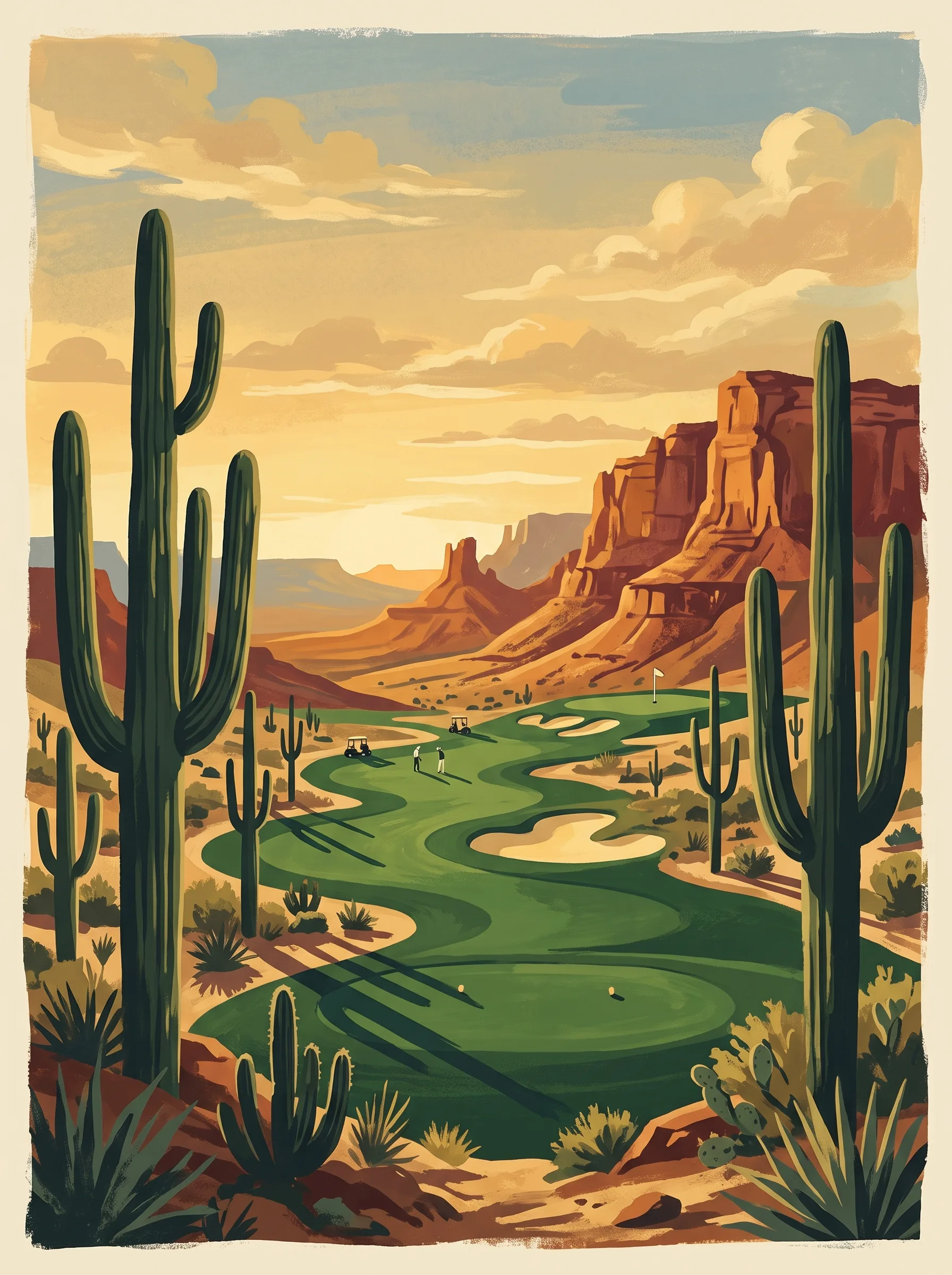 Painterly travel-poster illustration of a desert golf course with saguaro cacti.
