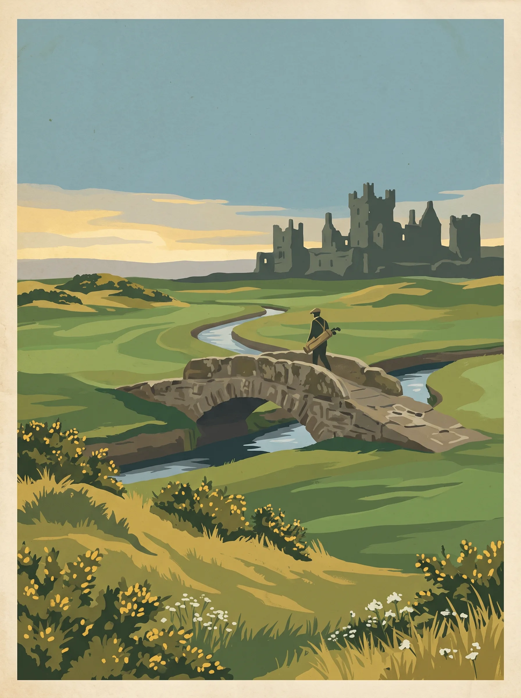 Painterly travel-poster illustration of a stone bridge on a coastal Scottish links course.