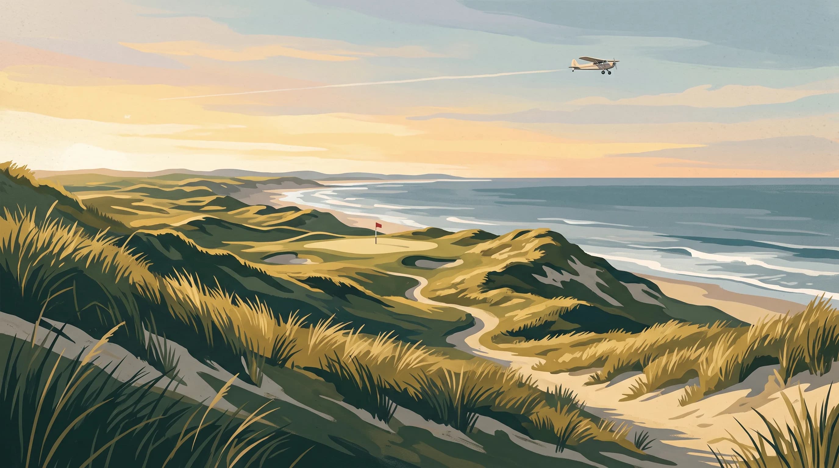 Painterly travel-poster illustration of a links golf coastline at dawn, a lone flagstick in the foreground and a small prop plane trailing a faint contrail high overhead.